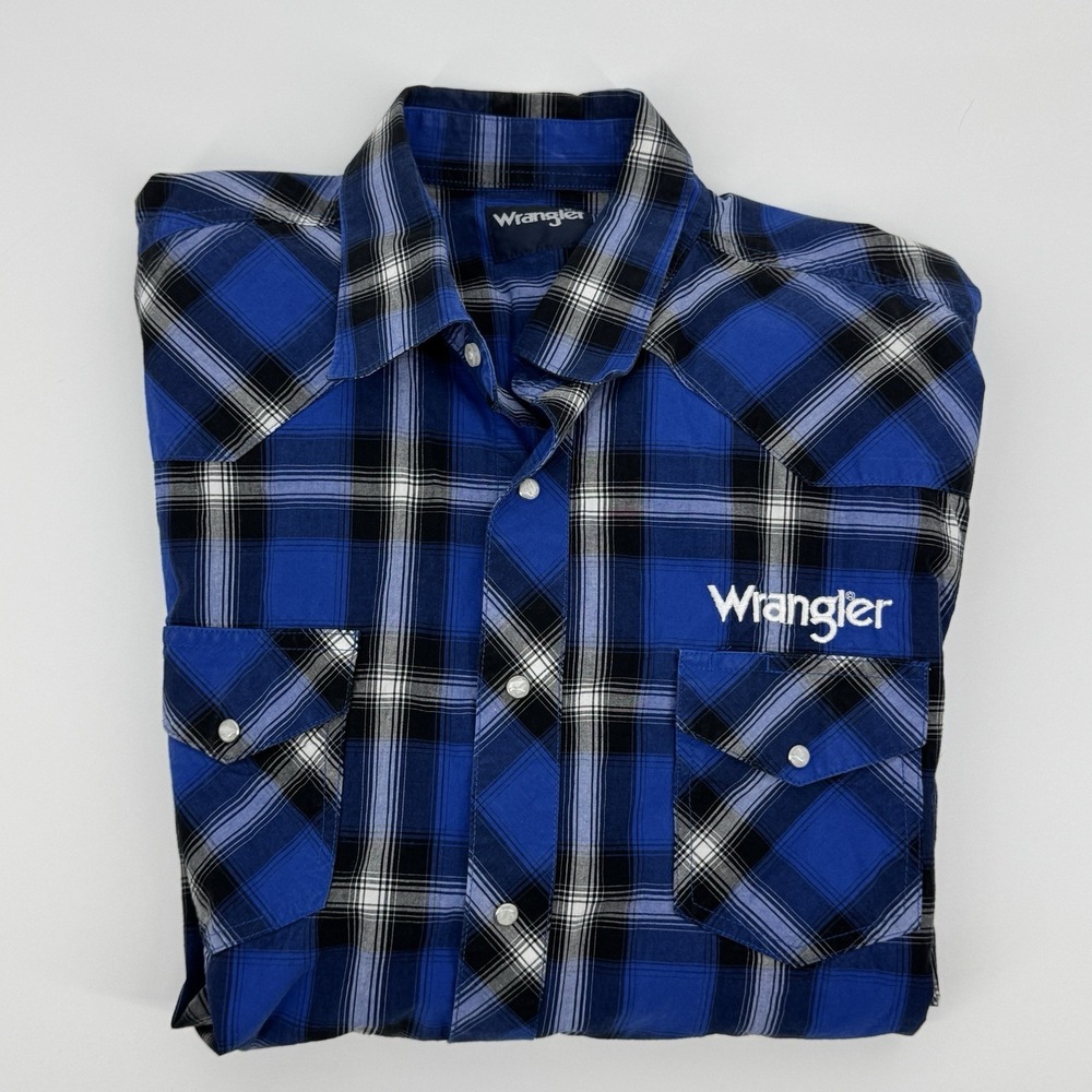 Wrangler Plaid Western Pearl Snap Shirt XXL Blue Y2K Cowboy Rodeo Workwear - Picture 9 of 9